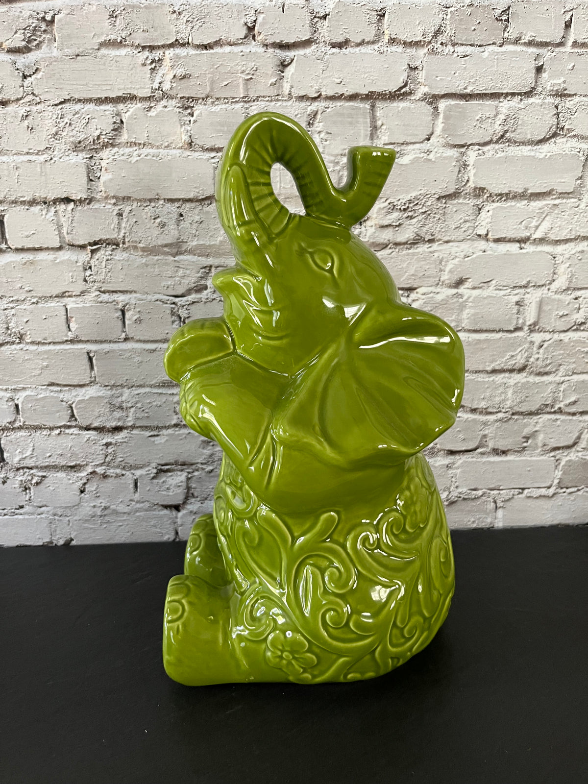 Large Lucky Trunk Green Ceramic Elephant Figurine – Floral Scrollwork Trunk-Up Décor – 11”
