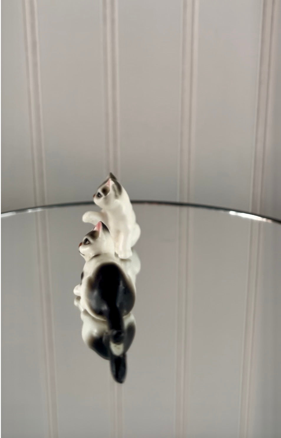 Vintage  c1960’s Kitsch Miniature Gray Black & White Kitten Figurines — Mid-Century Porcelain Cat Pair