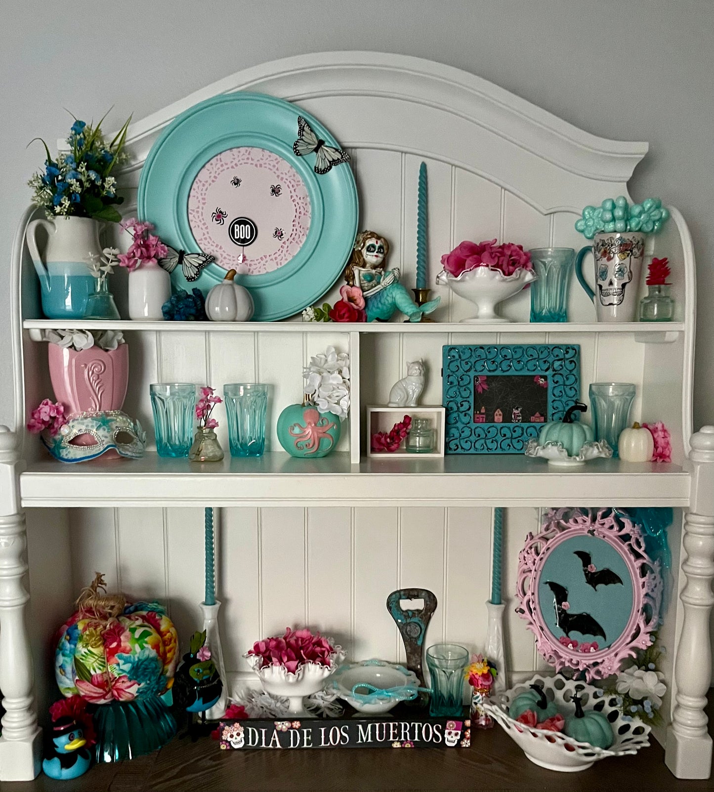 Hand-Painted Coastal Octopus Pumpkin | Aqua & Pink Nautical Decor (2010s)