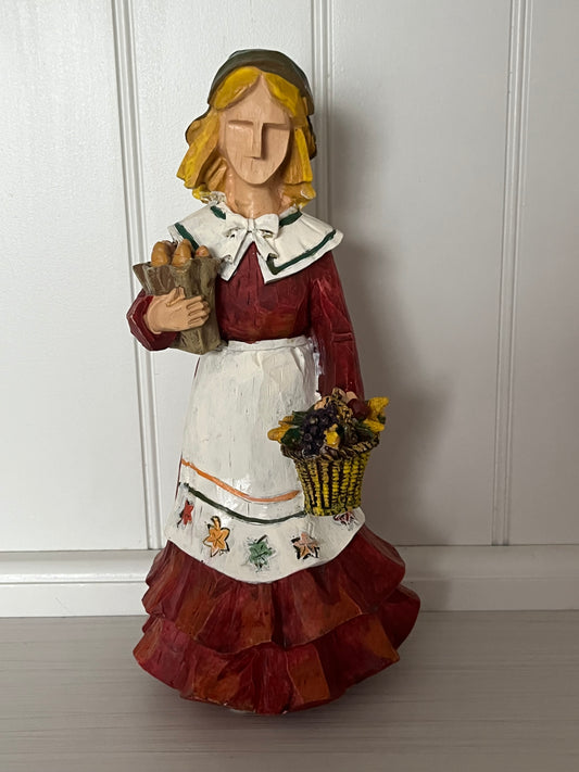Vintage Hand-Carved Style Harvest Lady Figurine – Resin Folk-Art Thanksgiving Décor – 12” – 1990s