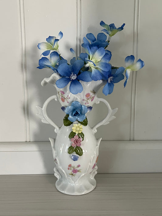 Vintage Victorian Style Fancy Double Handled White Porcelain Vase with 3D Hand-Painted Capodimonte Style Flowers -