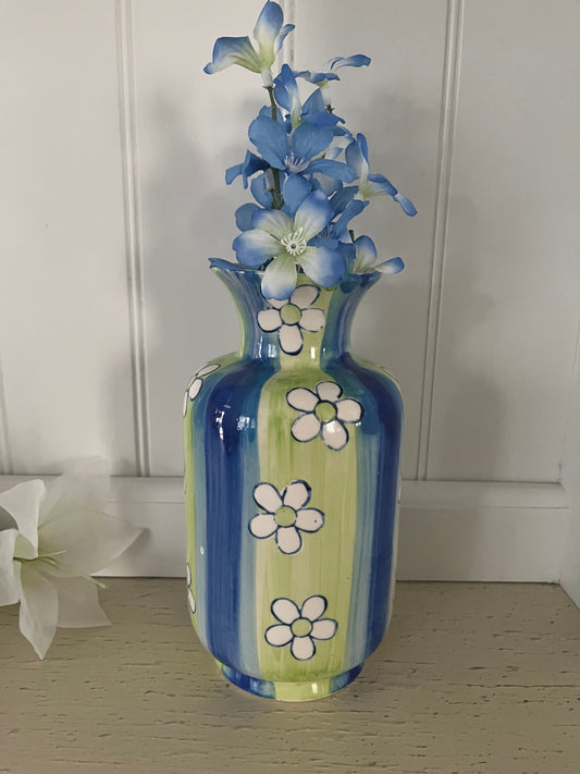 (2000s) Vintage Striped Daisy Motif Ceramic Vase – Hand-Painted Retro Revival