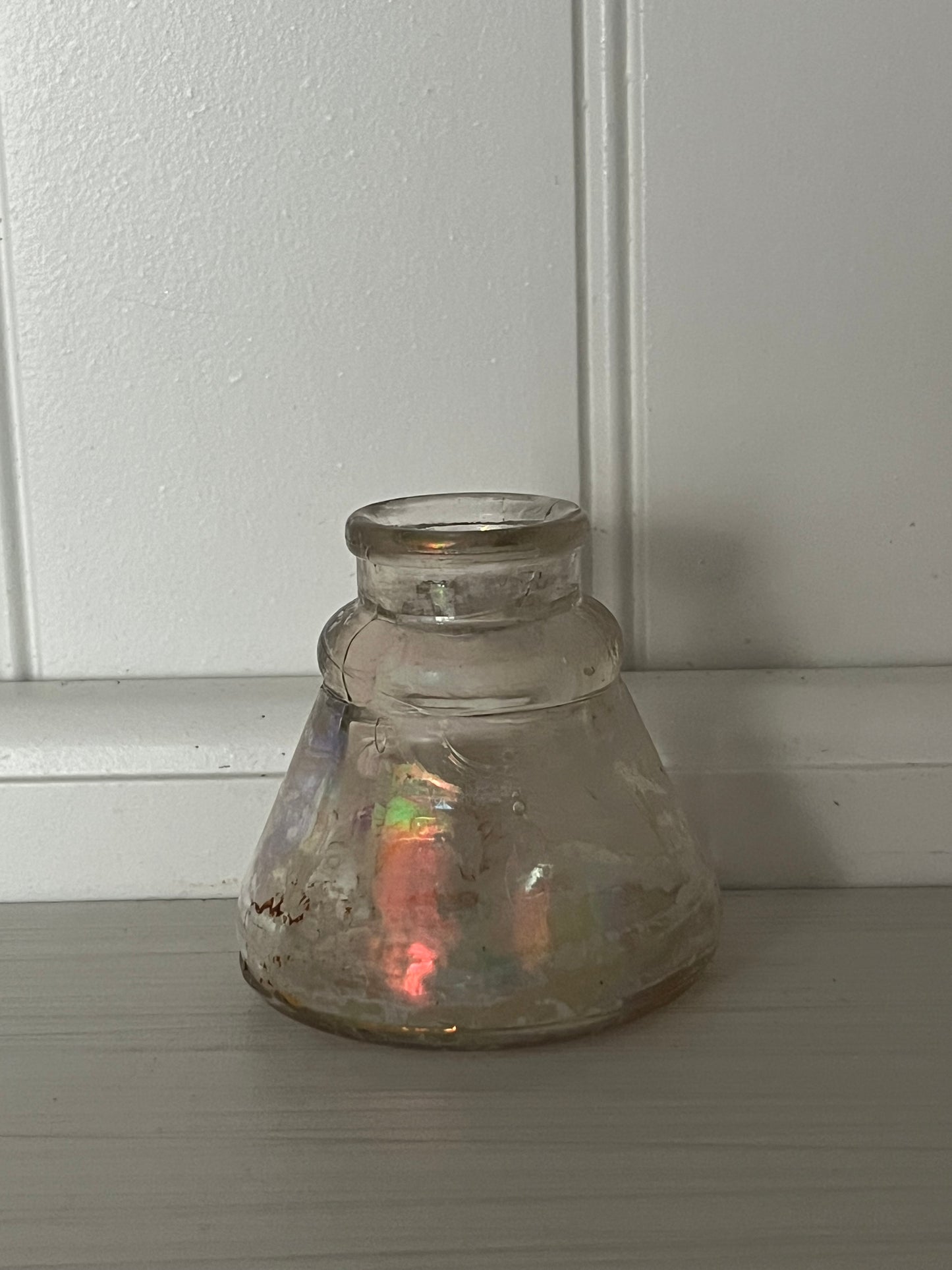 Antique Iridescent Clear Glass Ink Bottle — Late 1800s to Early 1900s Writing Desk Collectible