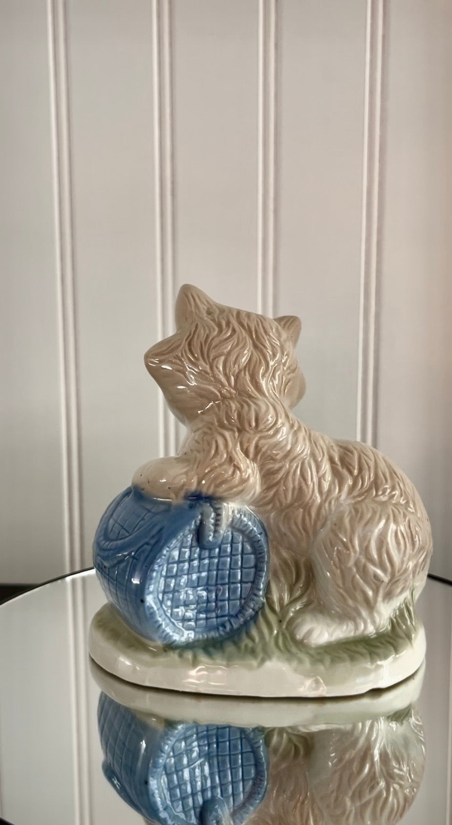 Vintage Kitsch  Artmark Cat with Mice in Blue Basket Porcelain Figurine | 1970s–80s