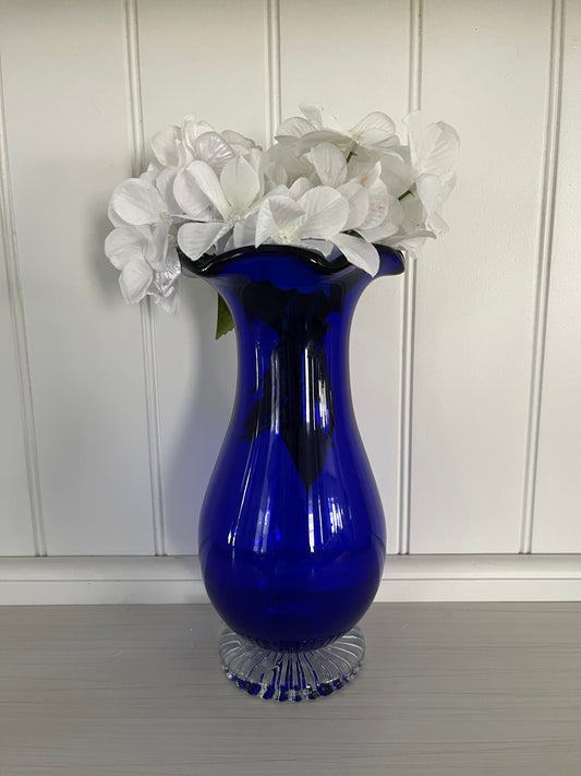 Vintage Cobalt Blue Glass Vase with Clear Swirl Foot | 1980s–1990s