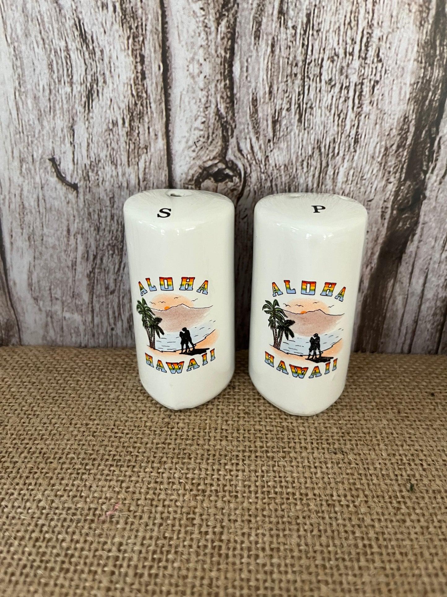 Vintage Aloha Hawaii Souvenir Ceramic Salt & Pepper Set, Heart Cylinder Shape, Circa 1960s Palm Tree Beach Scene