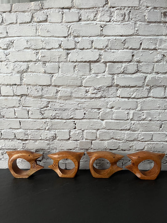 Vintage 1970s Hand-Carved Wooden Fish Napkin Rings – Sculptural Mid-Century Modern Set of 4