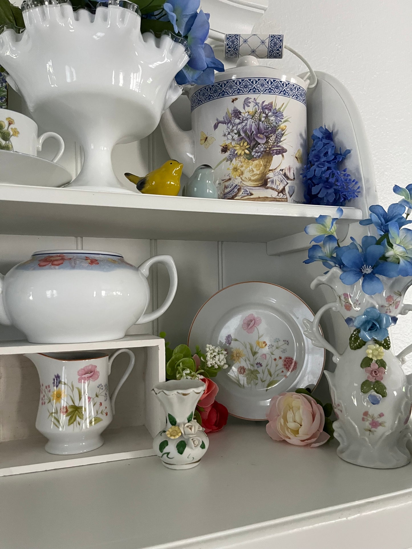 Vintage  L. Long TAO Pink, Yellow, Blue Floral Print Porcelain Tea Pot with Flat Lid