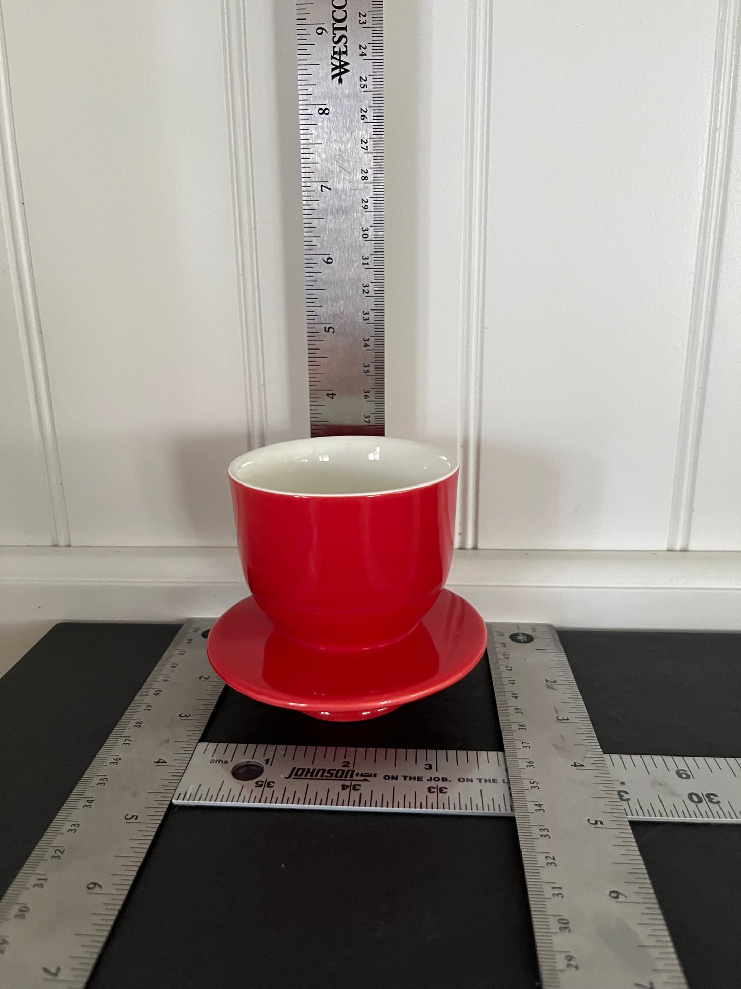 Retro  1970s Red  Pedestal Butter Crock Vessel  Scandinavian Folk Style Ceramic Bowl, No Lid