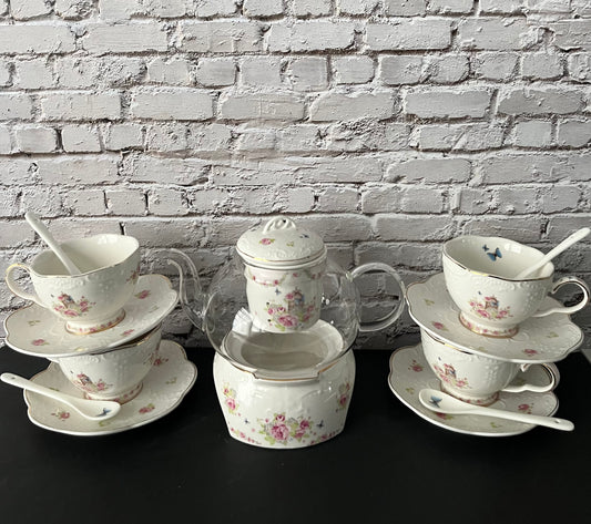 Vintage 1990s JusAlpha Rose Garden Birdcage Tea Set – Porcelain Teacups & Saucers with Glass Teapot Warmer Stand – Cottagecore Floral Tea Party Set