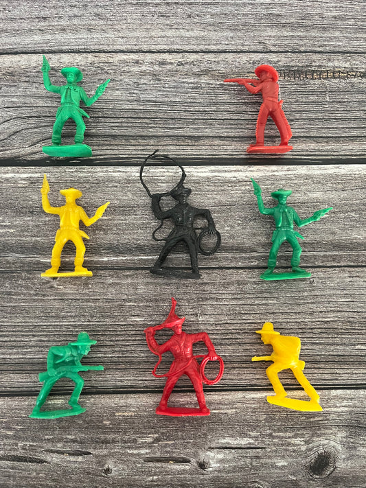 (8) Eight 1960’s Vintage Buckeroo Cowboys Vintage Tim-Mee Toy Co. 3" Cowboys Red Yellow Green