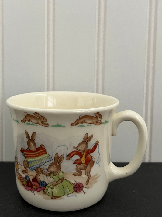 1936 Royal Doulton Bunnykins Mug – Yarn Knitting & Dance Scene – Vintage English Bone China (3”)