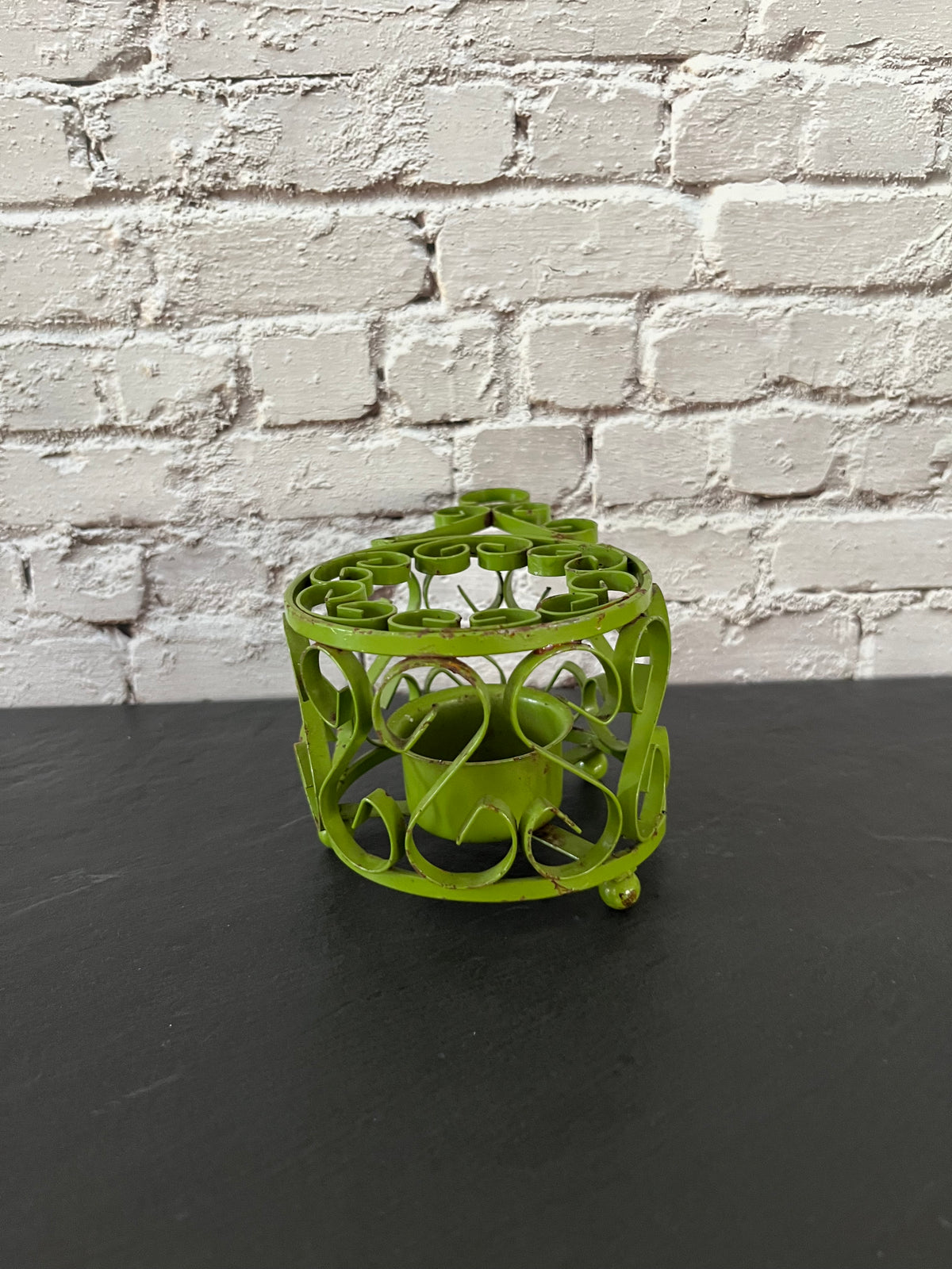 Vintage c1970s Green Metal Scrollwork Votive Candle Holder | Clover Cottage Collection