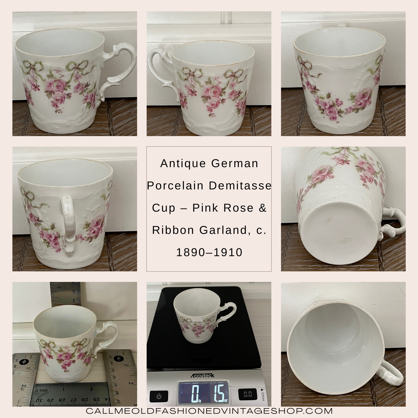 Antique German Porcelain Demitasse Cup – Pink Rose & Ribbon Garland, c. 1890–1910