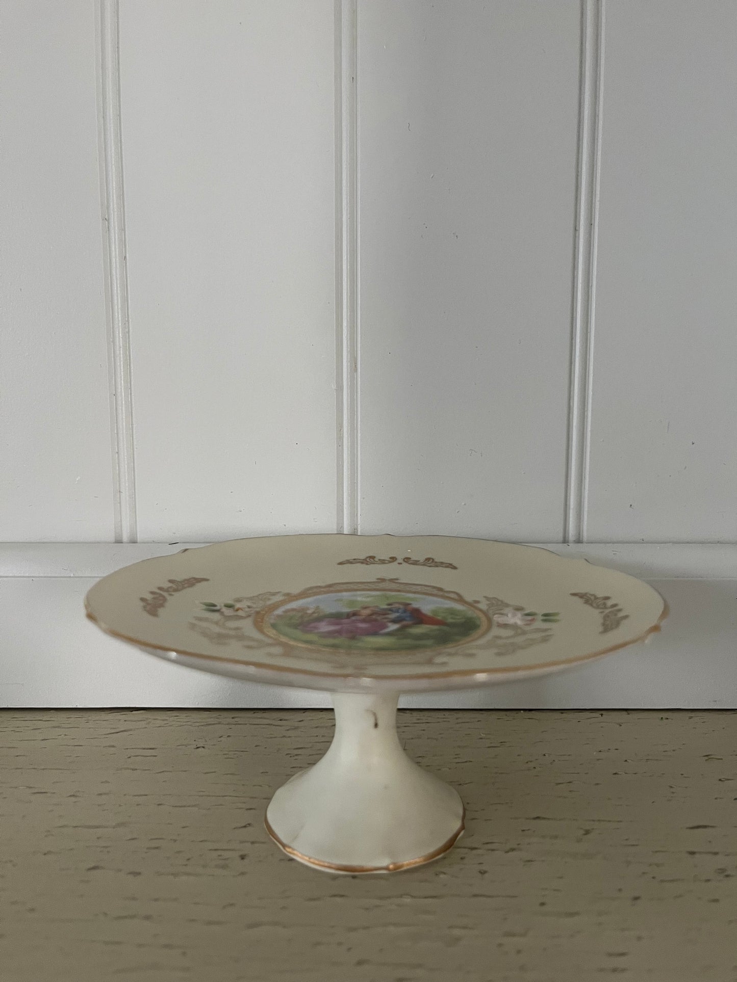 Vintage Ornate Pedestal Compote Candy Dish with Romantic Courting Scene & Gold Trim | c. Mid-20th Century,  Romantic / Rococo Revival
