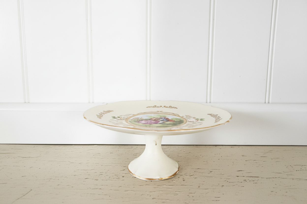 Vintage Ornate Pedestal Compote Candy Dish with Romantic Courting Scene & Gold Trim | c. Mid-20th Century,  Romantic / Rococo Revival