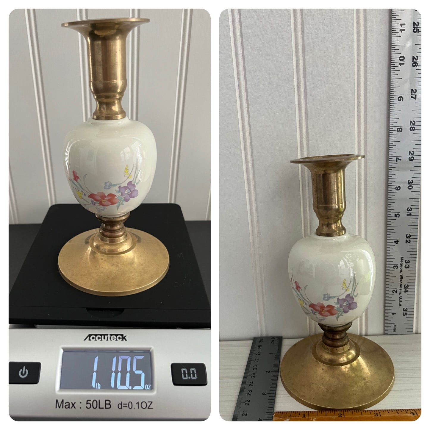 Elegant Vintage Brass Taper Candlestick with Porcelain Floral Bouquet Design