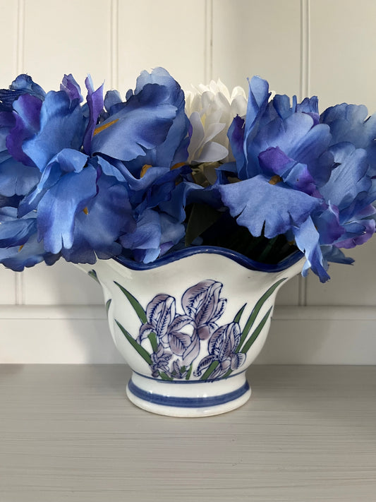 Vintage c. 1990’s Blue Iris Cachepot Planter Bowl | Imports China Porcelain Cottagecore Floral Vase