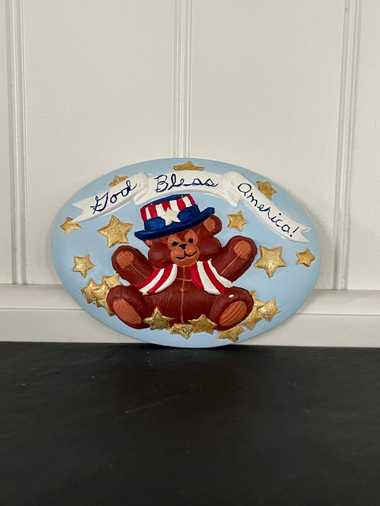 Vintage c 2000’s Hand-Painted God Bless America Teddy Bear Wall Plaque – Americana Folk Art Patriotic Décor