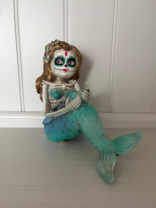 Day of the Dead Mermaid Figurine – Hand-Painted Skeleton Siren – 2010s Coastal Gothic Decor
