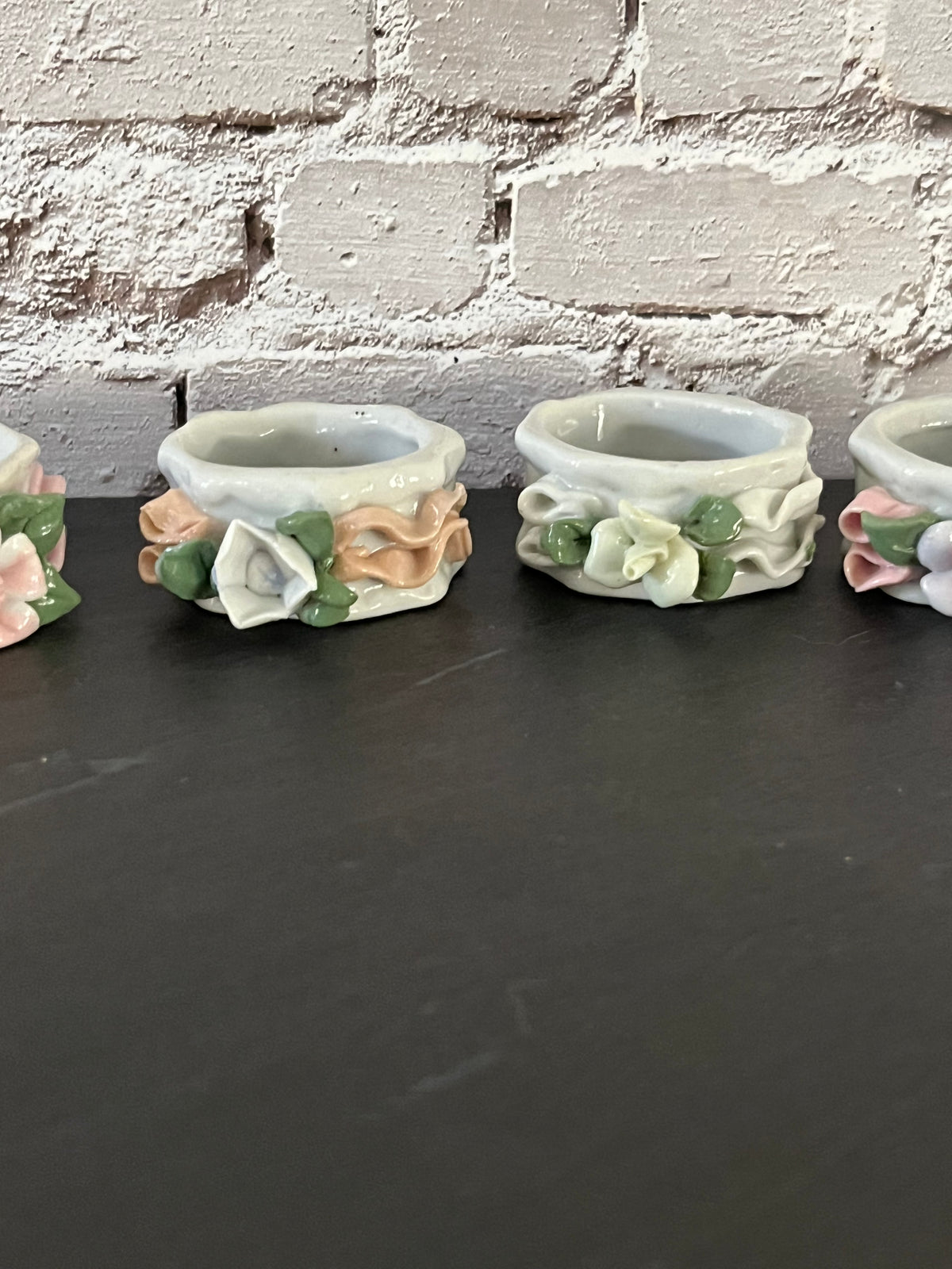 Vintage 1980s Glazed Porcelain Sculpted Floral Napkin Rings – Set of 6 Pastel 3D Flowers & Ribbons