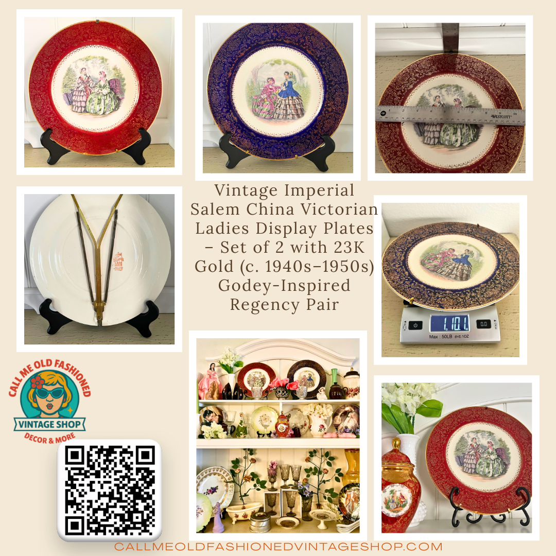 Vintage Imperial Salem China Victorian Ladies Display Plates – Set of 2 with 23K Gold (c. 1940s–1950s) | Godey-Inspired Regency Pair