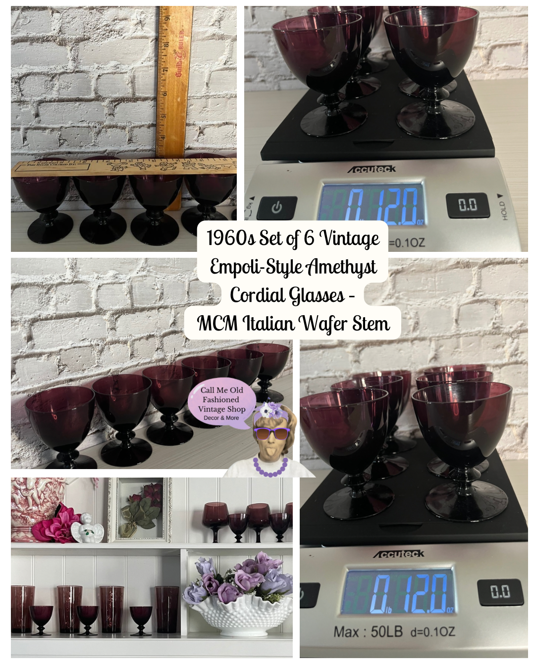 1960s Set of 6 Vintage Empoli-Style Amethyst Cordial Glasses – MCM Italian Wafer Stem,