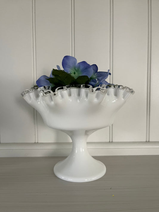 Vintage Fenton Silvercrest Large Ruffled Edge Pedestal Bowl Compote - 1950s White Milk Glass