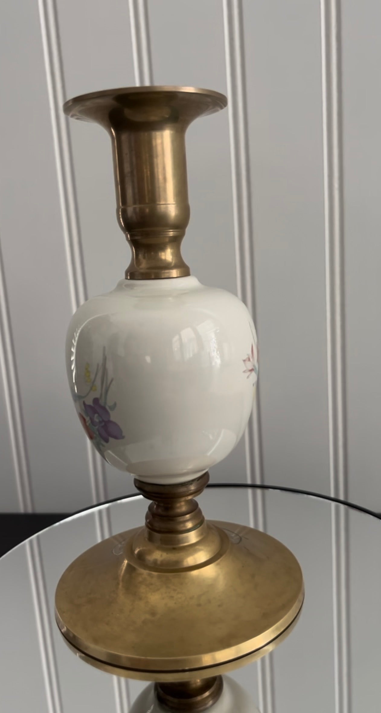 Vintage c.1980s Brass & Porcelain Floral Candlestick Holder | Cottagecore Taper Candle Decor
