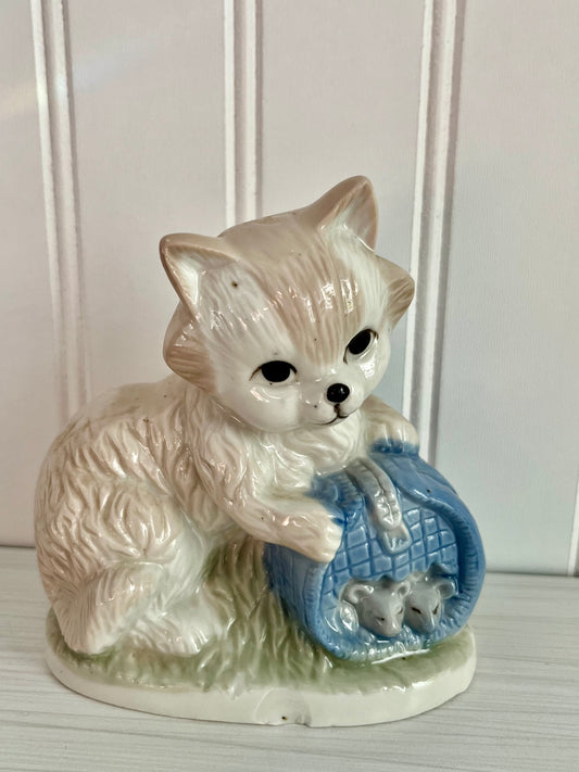 Vintage Kitsch  Artmark Cat with Mice in Blue Basket Porcelain Figurine | 1970s–80s