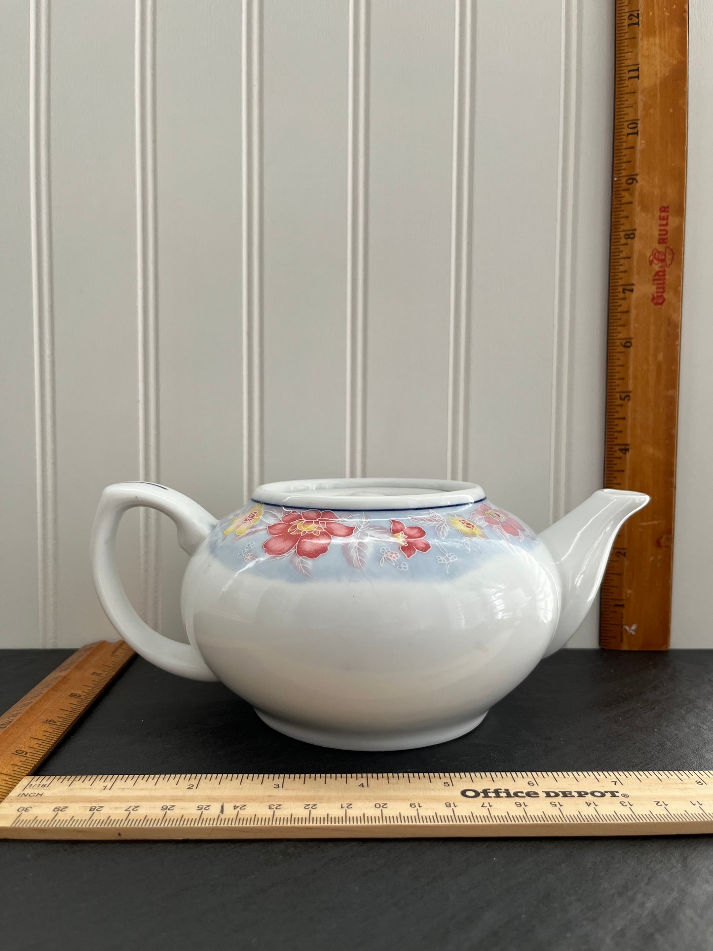 Vintage  L. Long TAO Pink, Yellow, Blue Floral Print Porcelain Tea Pot with Flat Lid