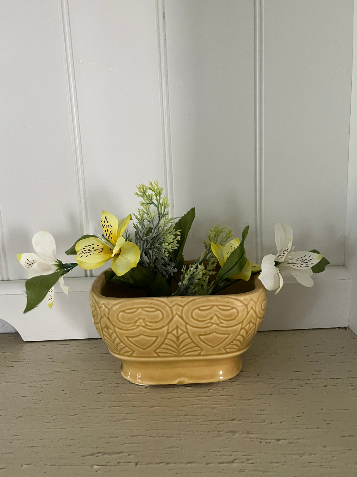 Vintage Art Deco MCM Mustard Yellow Pottery Pedestal Planter