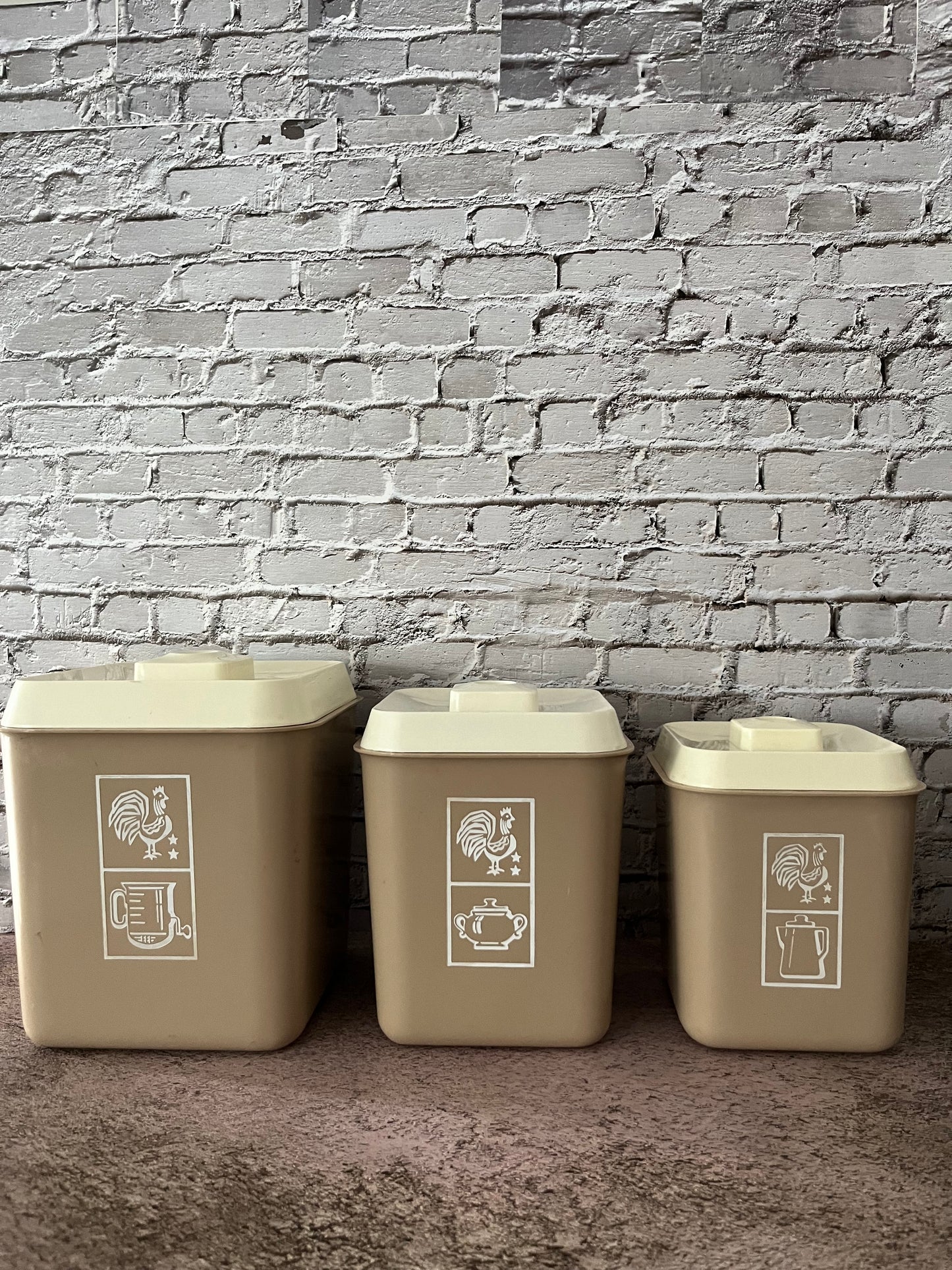Vintage 1960’s Beige Brown Plastic Kitchen Canister Set (3) | Lustro Ware | Woodland Whimsy MCM Retro Rooster Design