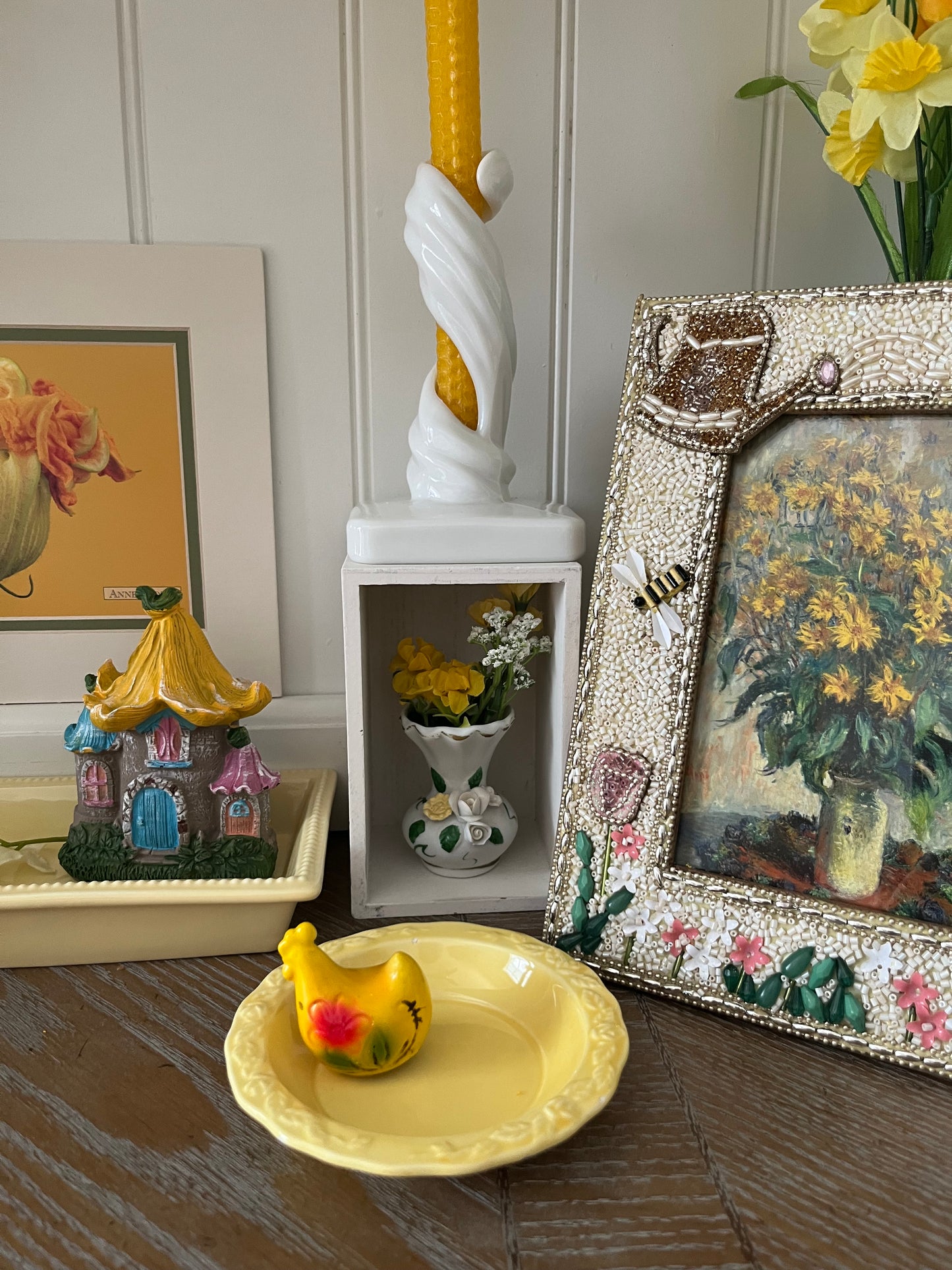 Lone Vintage Yellow Floral Ceramic Chicken  Shaker / Japan Farmhouse Kitchen 1960s