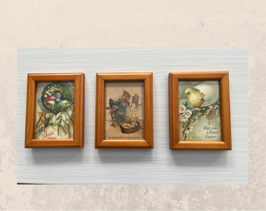 Charming Antique Easter Postcards in Vintage Wood Frames - Set of 3