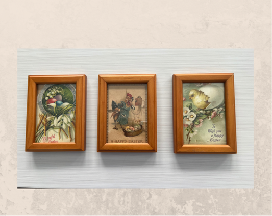 Charming Antique Easter Postcards in Vintage Wood Frames - Set of 3