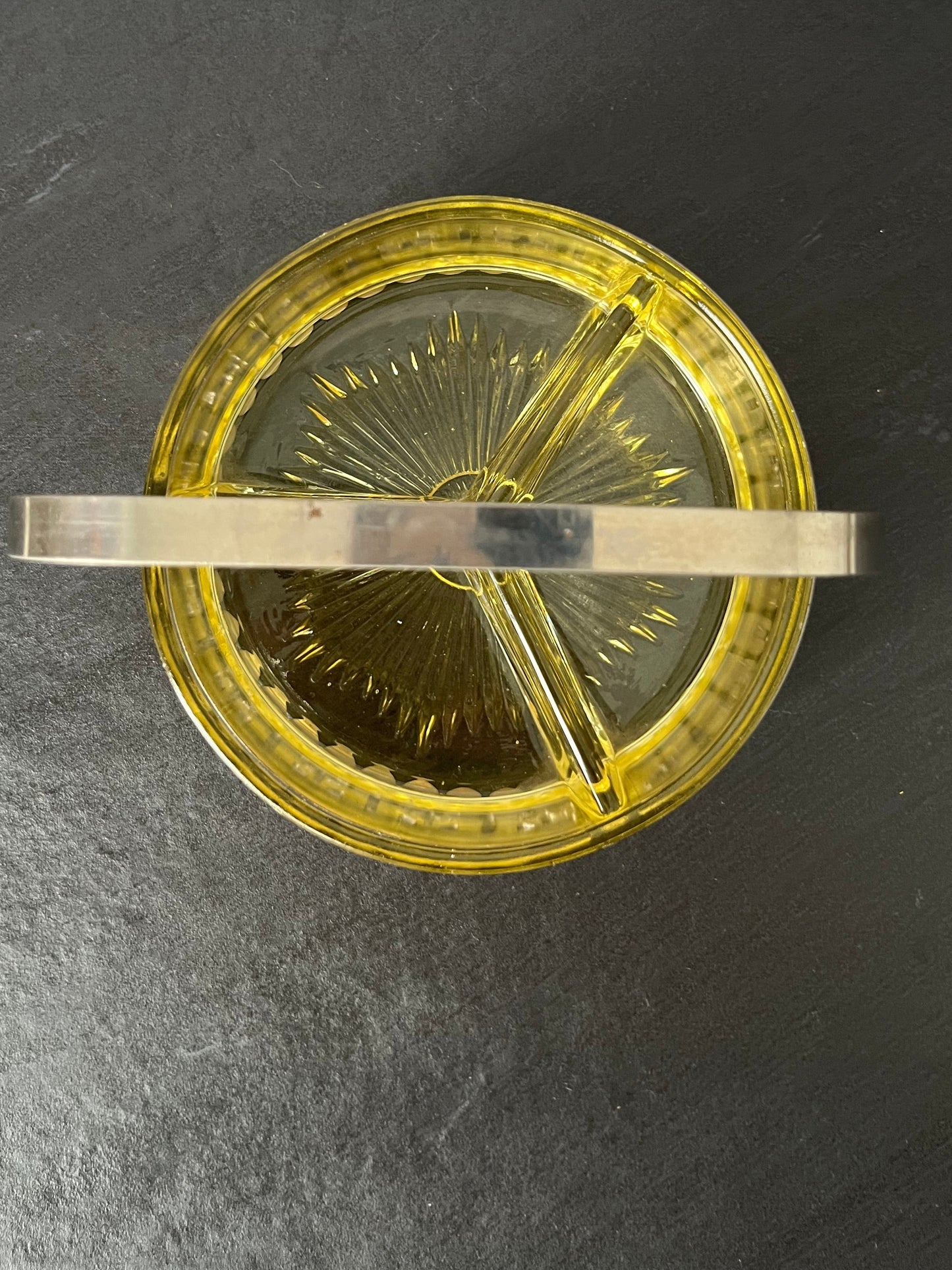 Vintage Yellow Depression Glass Divided Candy Dish with Silver Tone Basket Handle – 3 Section Relish Tray (1950s–1960s)