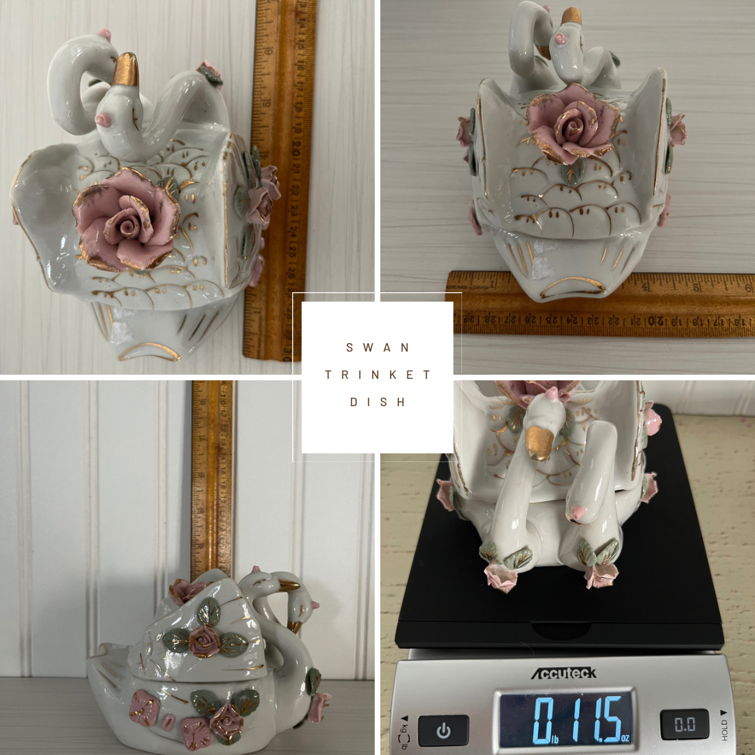 Chinoiserie Chic Vintage Porcelain Double Swan & Pink Rose Trinket Dish with Lid