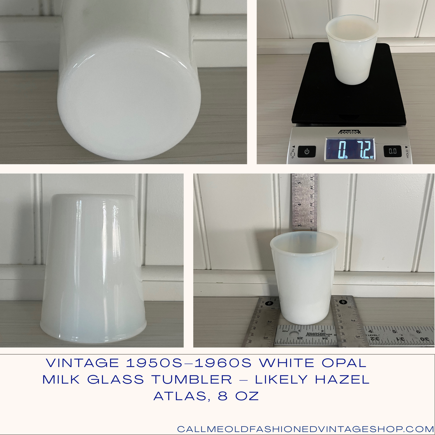 Vintage 1950s–1960s  Hazel Atlas, 8 oz White Opal Milk Glass Tumbler –