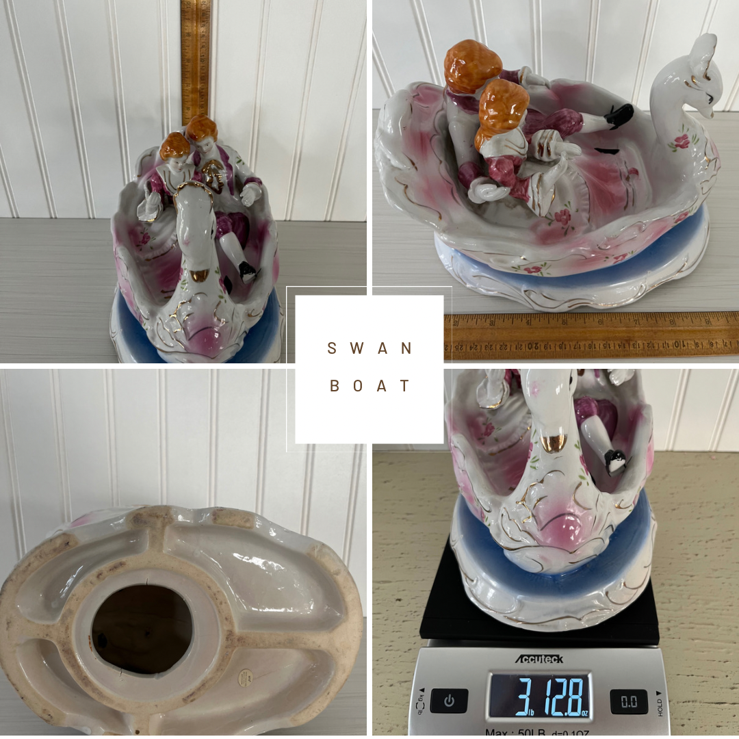 Mid Century Vintage Mirtex Porcelain Swan Boat with Victorian Couple - Pink, Blue, and Opulent White with Gold Accents