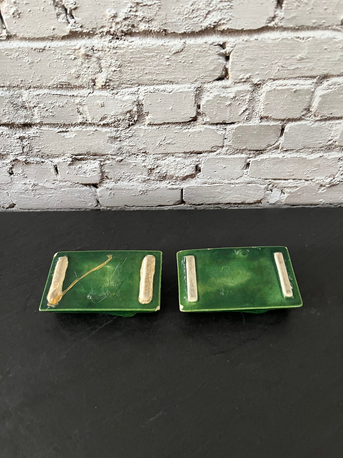 Pair of 1950s Treasure Craft Green Ceramic Log Ashtrays – Forest Woodgrain Glaze Set of 2