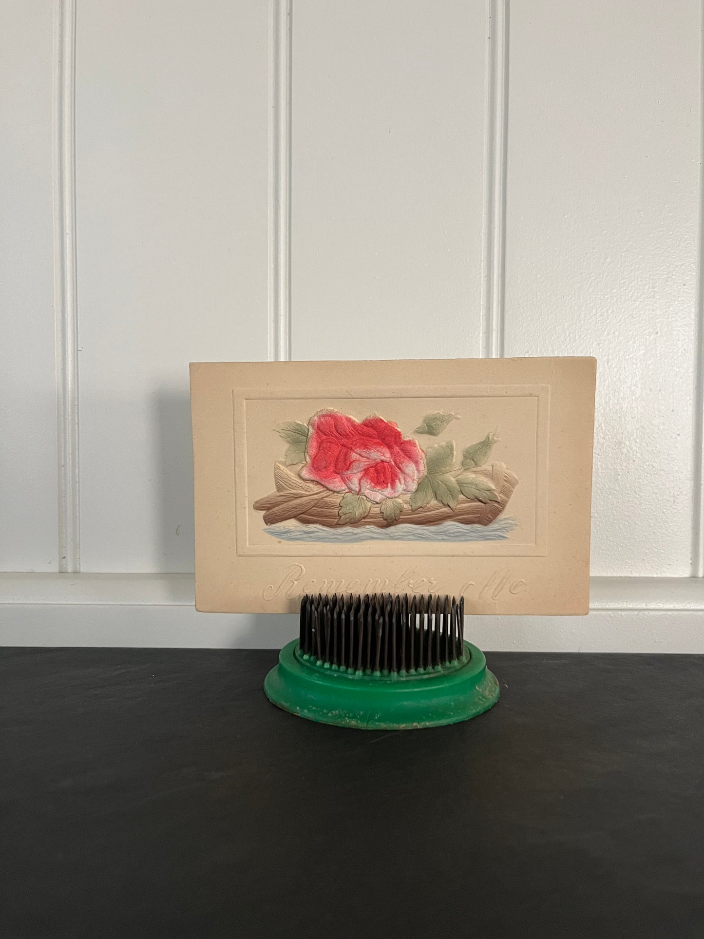 Antique Early 1900s  “Remember Me” Puffy Red Rose Postcard – German Embossed Rowboat Design