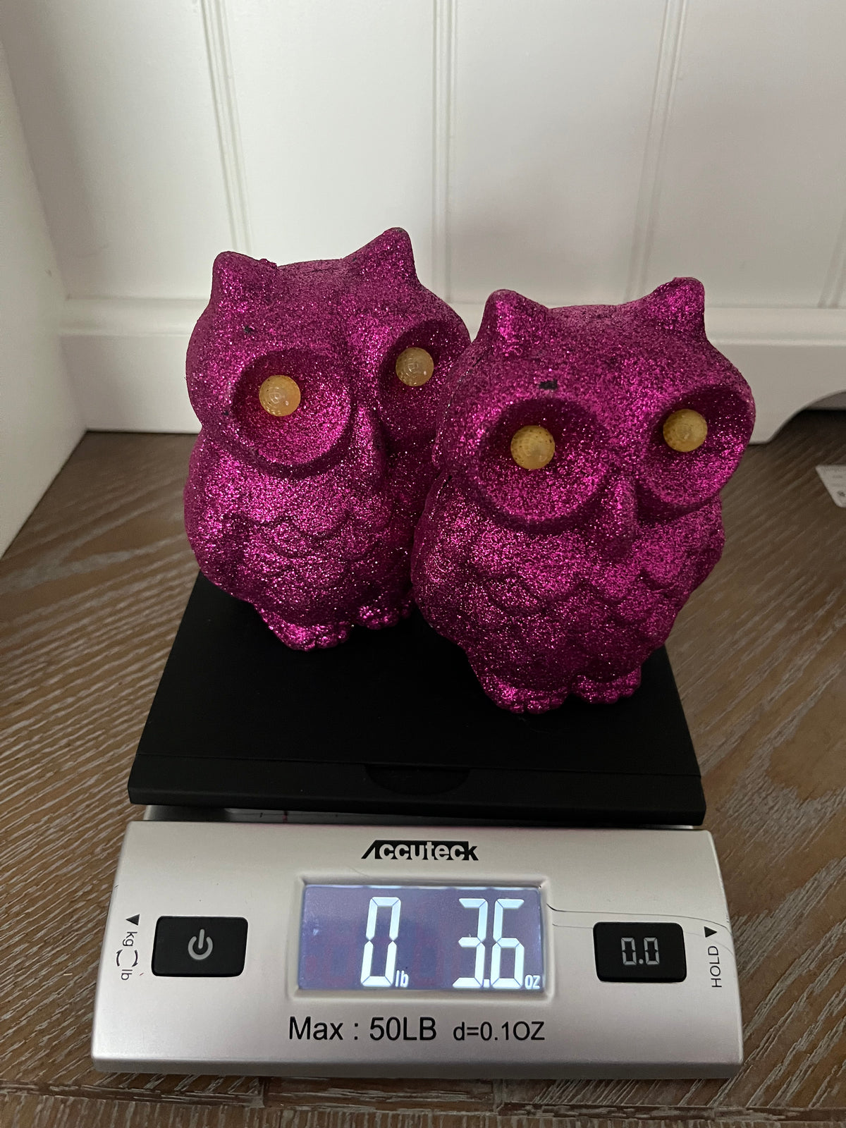 Pair of Glitter Magenta Pink Light-Up Owl Figurines ,  Halloween Décor