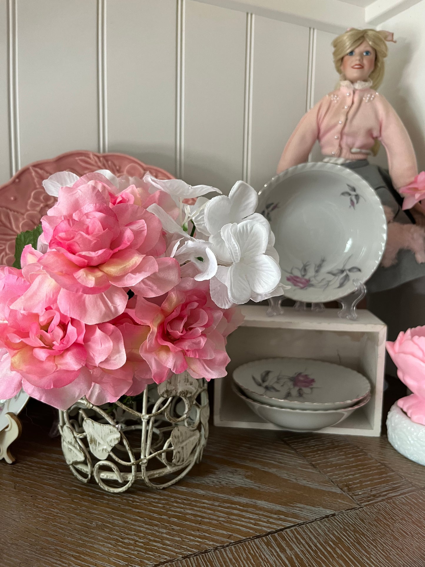 Vintage 1960s Bohemia Ceramic “Theresa” 5” Berry Bowls – Pink Rose Floral – Made in Czechoslovakia – Set of 3