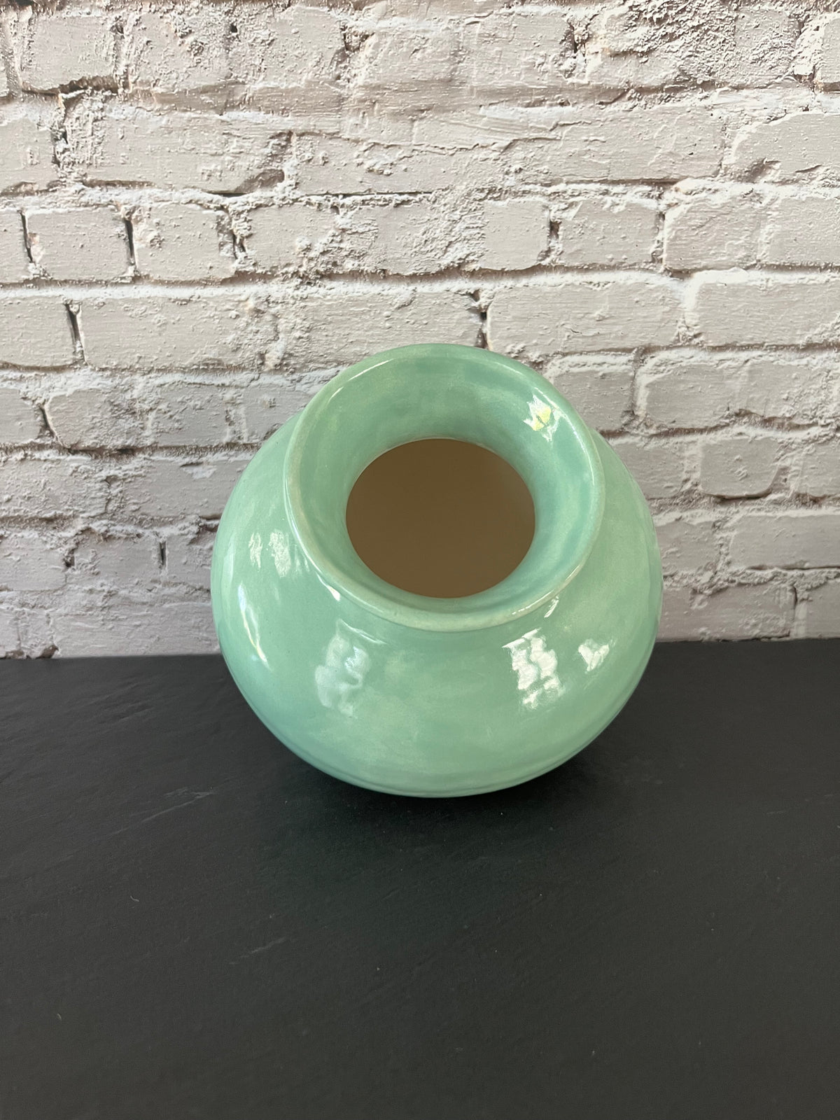 Vintage Style Chat Seafoam Green Side-Opening Ceramic Vase Pottery Pot – Sculptural Tilted Vase – 6”