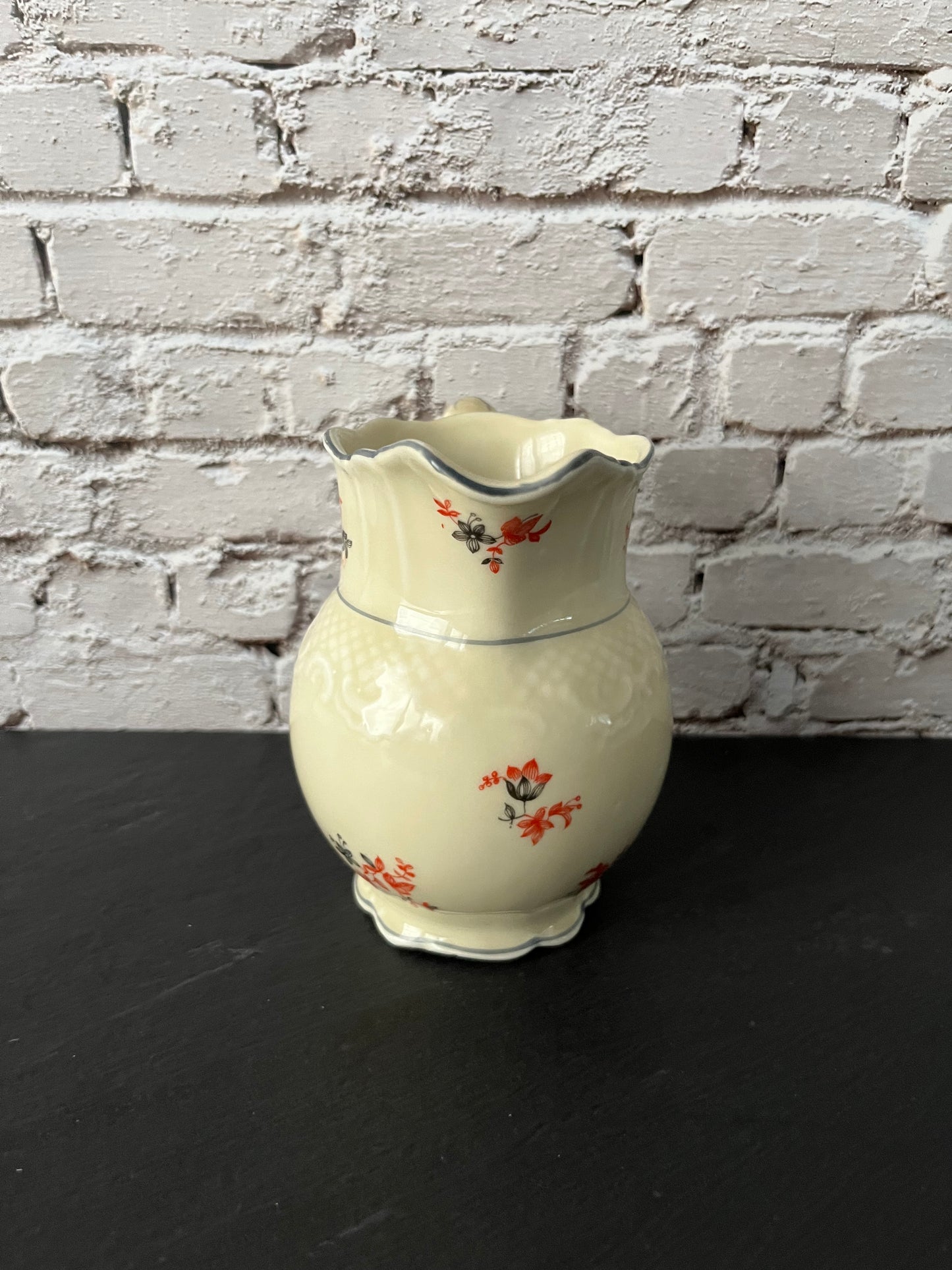 Vintage 1940s–1950s Cream Ceramic Floral Pitcher – Red & Black Wildflower Sprig Pattern – Cottage Farmhouse Style Milk Pitcher