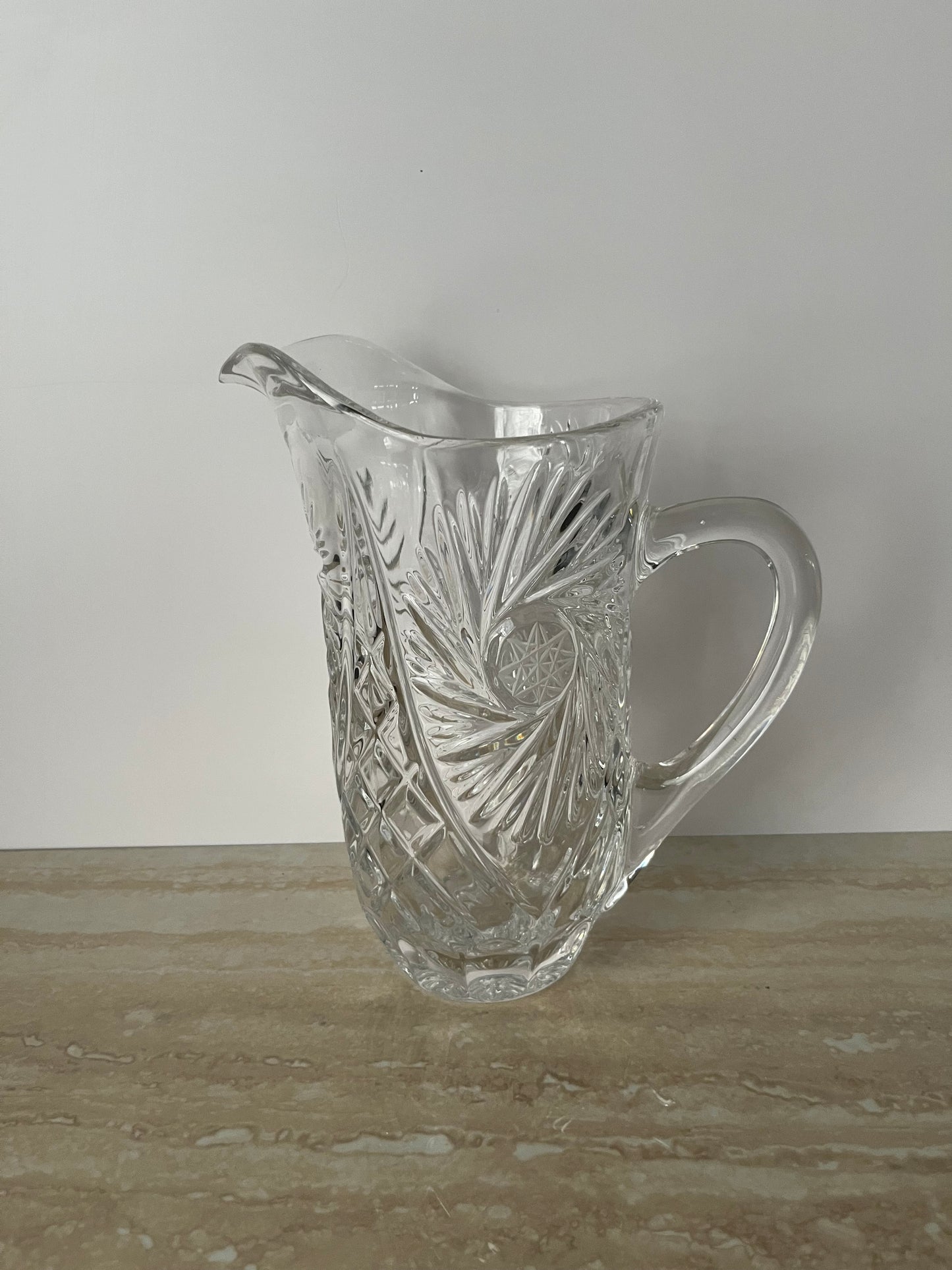 Vintage Cut Crystal Pitcher – Pinwheel Hobstar Brunswick Pattern – 8” Clear Crystal Water or Juice Pitcher – Mid Century Glassware