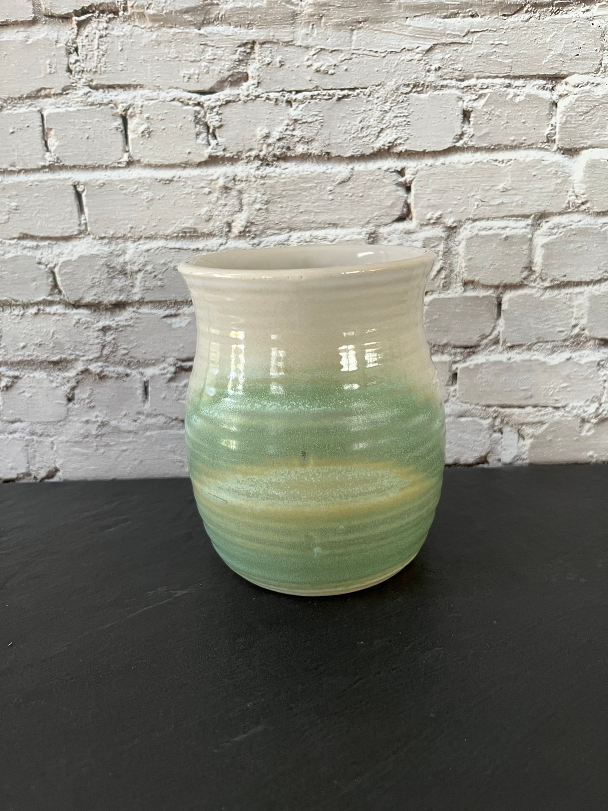 Vintage Style Oh Susie Paw Paw Pottery Green & Cream Glazed Stoneware Handled Vase XL Crock Mug– 5”