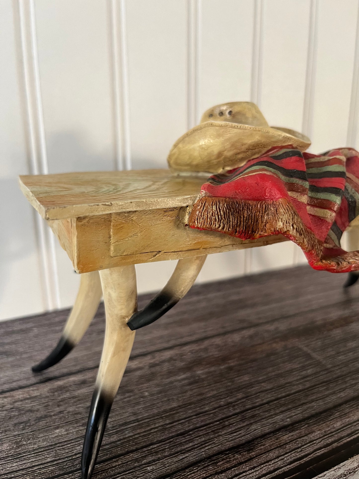 Vintage Small Display Resin Western Antler Table With Cowboy Hat and Blanket - 5”H x 10”L x 2”W