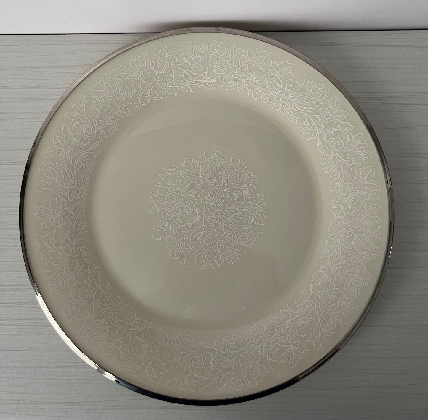 Vintage 1970’s Lenox “Cenova Valera” 10” Dinner Plate – Ivory China with Platinum Rim & White Floral Etching – Mid-Century American Fine China
